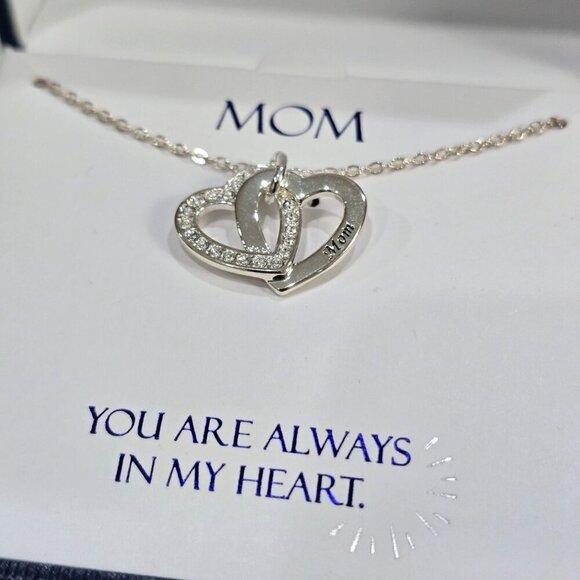 Haus of Brilliance Jewelry - Sterling Silver ✦ Mom Double Heart Necklace ✦ Swarovski Crystal Pendant 18" NWT